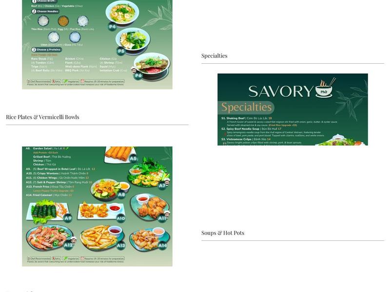 Savory Pho Menu