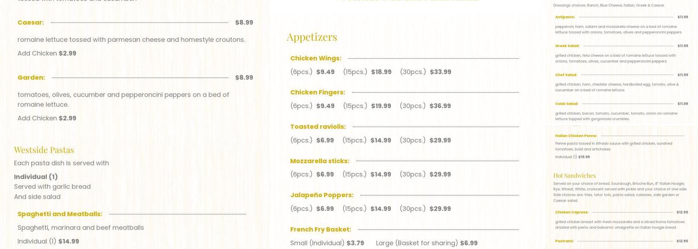 Westside Deli & Pasta Menu