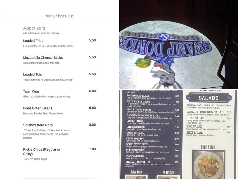 Swamp Donkey Bar & Grill Menu