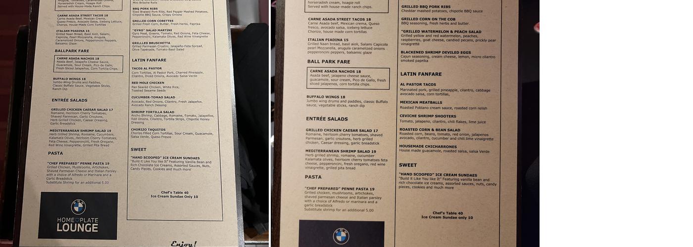BMW Home Plate Lounge Menu