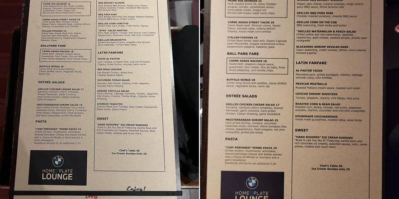 BMW Home Plate Lounge Menu