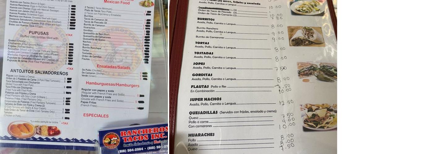 A la onda tacos Menu