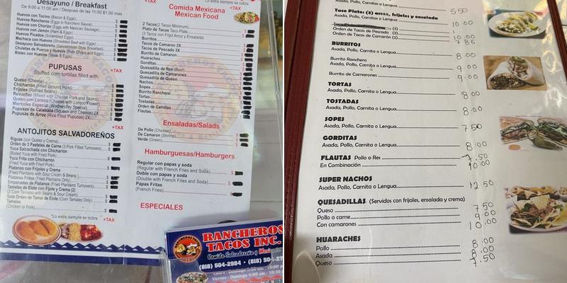 A la onda tacos Menu