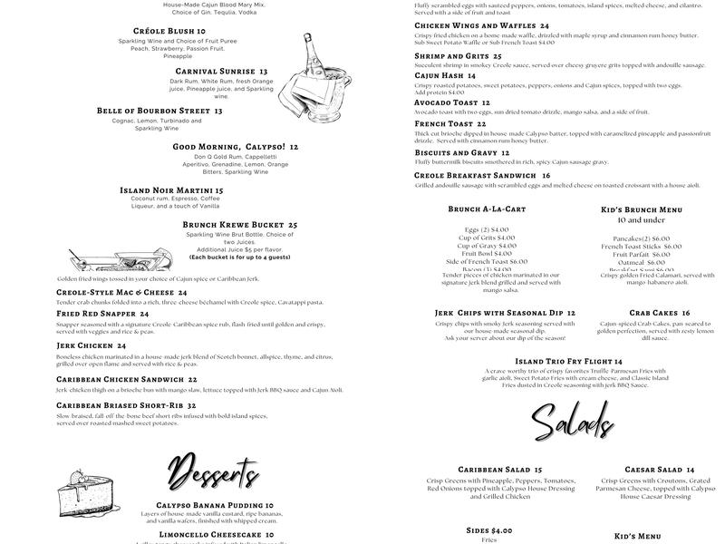 Calypso Spirits Bar Menu
