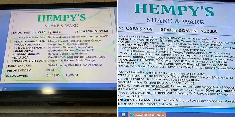 Hempy's Shake & Wake Menu