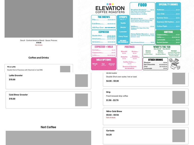 Elevation Coffee Roasters Menu