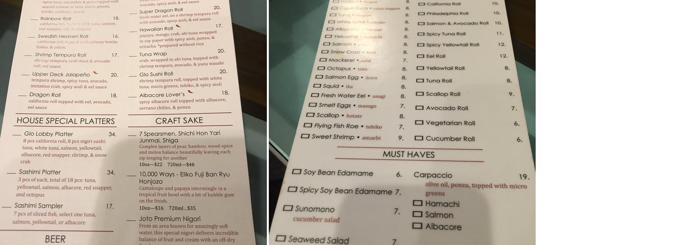 Glo Sushi Menu