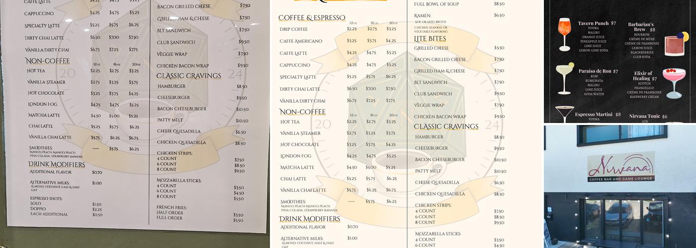 Nirvana Coffee Bar and Game Lounge Menu
