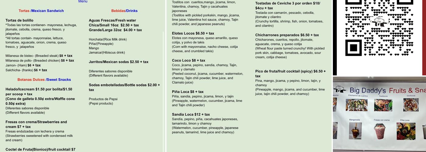 Big Daddy's Fruits and Snacks Menu