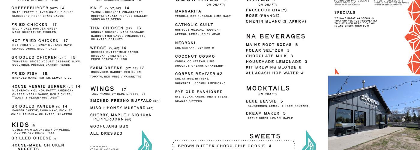 Goodfire Tasting Room and Kitchen Menu