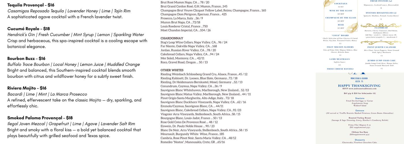 Andreas Prime Steaks & Seafood Menu