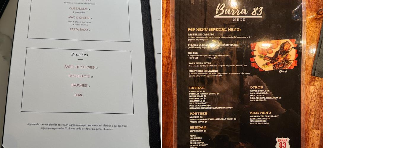 BARRA 83 Menu
