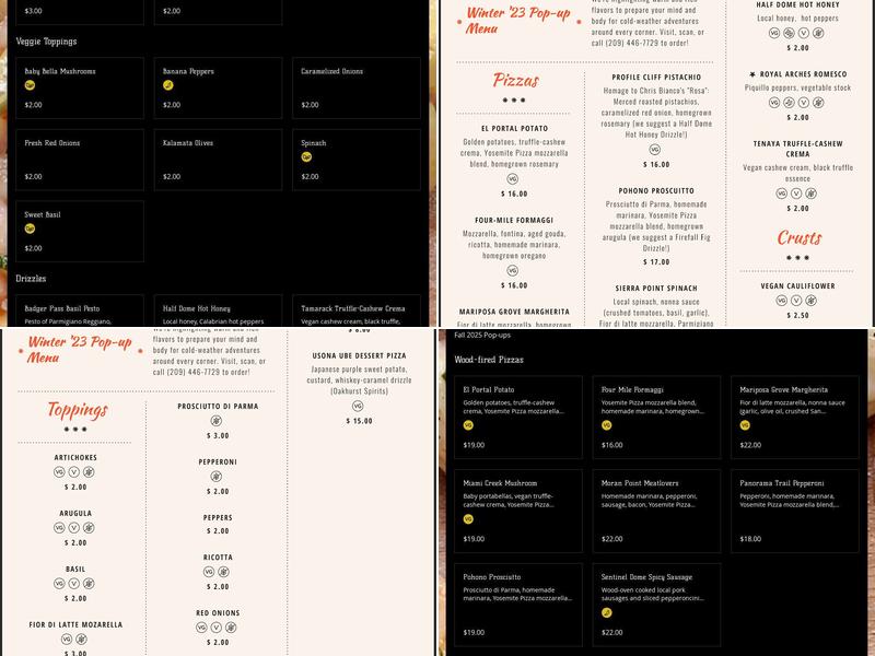 Yosemite Pizza Menu