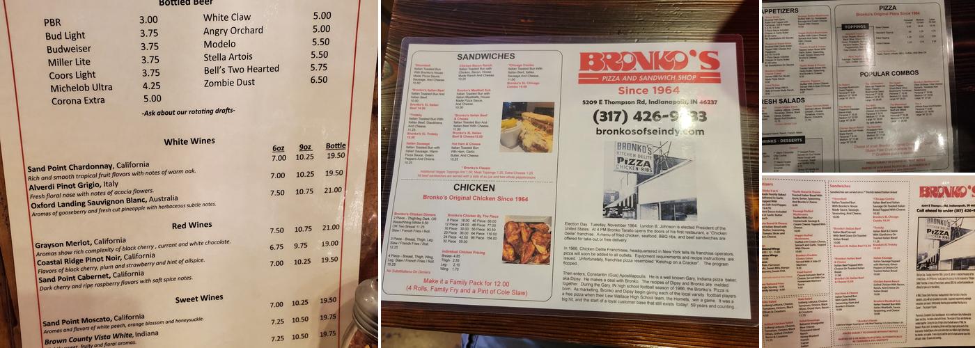 Bronko's of Southeast Indy Menu