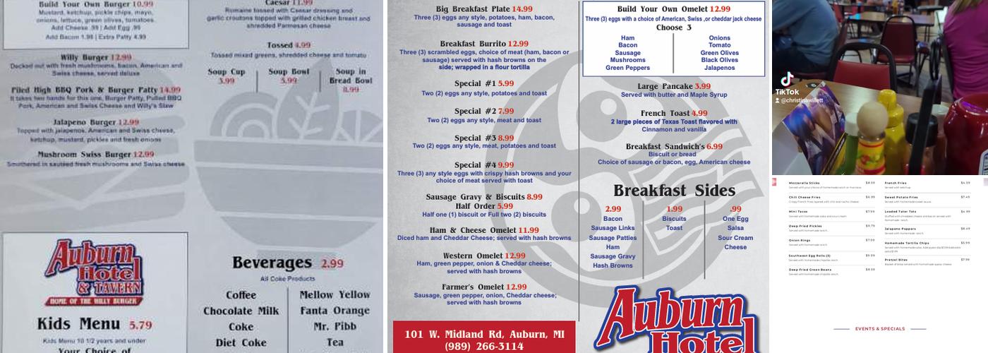 Auburn Hotel and Tavern Menu
