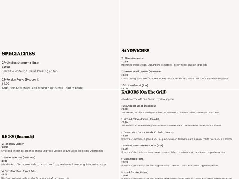 Noosh Grill Restaurant Menu