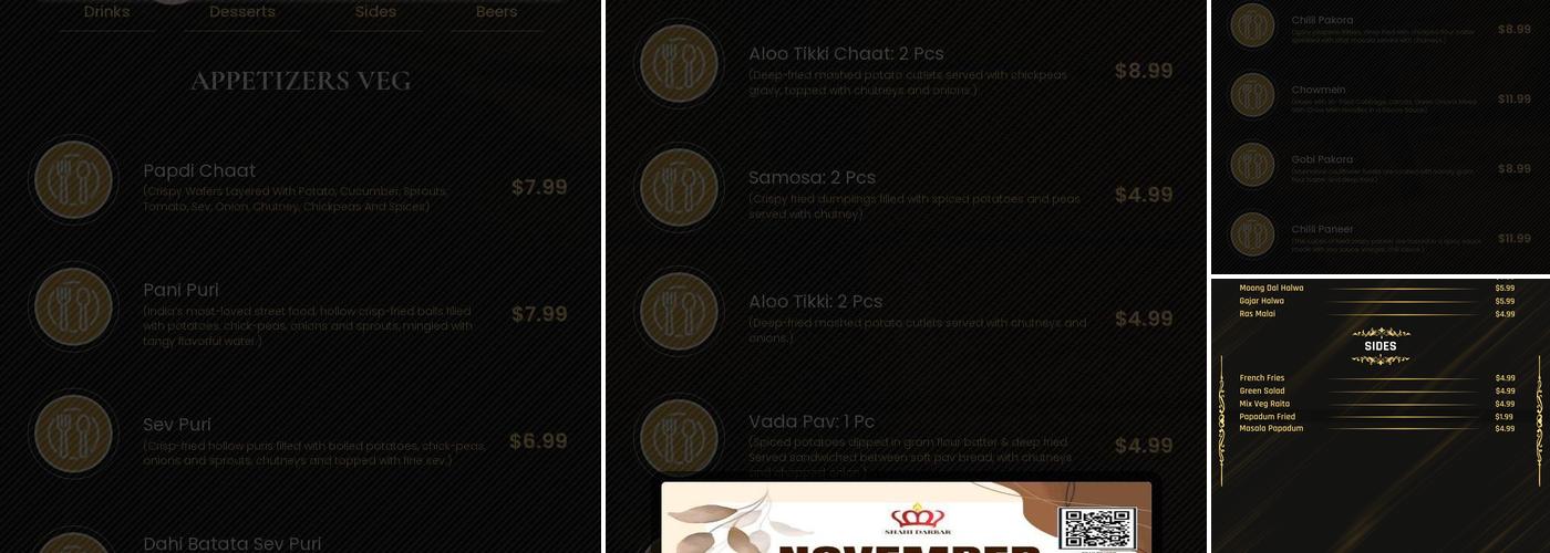 Shahi Darbar Indian Cuisine Menu