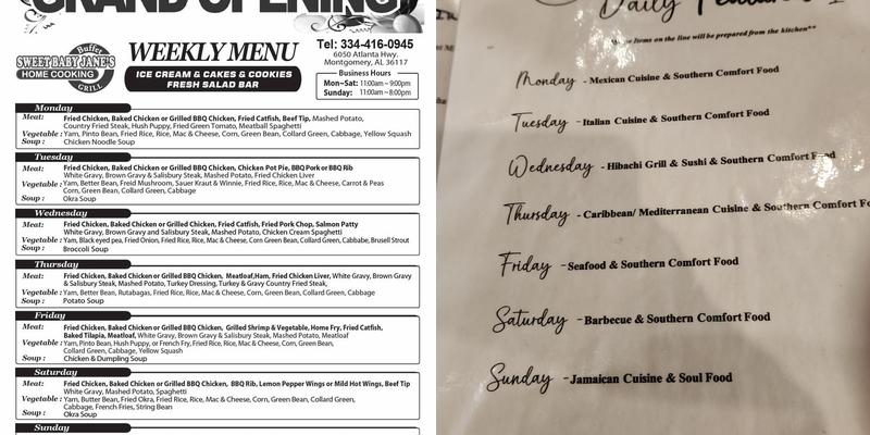 Grandma's Home Cooking Menu