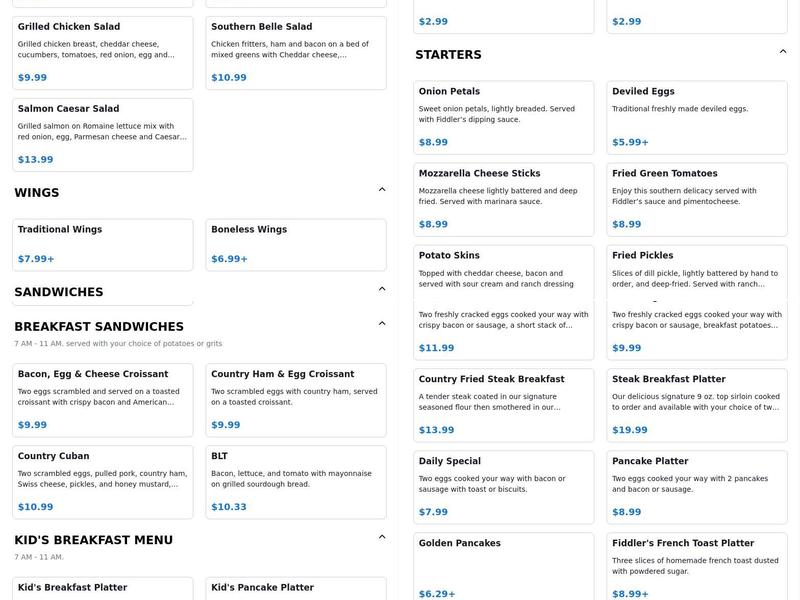 Fiddler’s Restaurant Menu