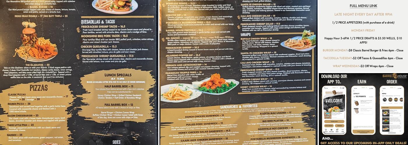 Barrel House Menu