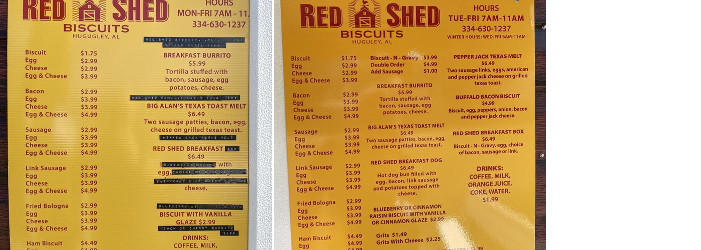 Red Shed Biscuits Menu