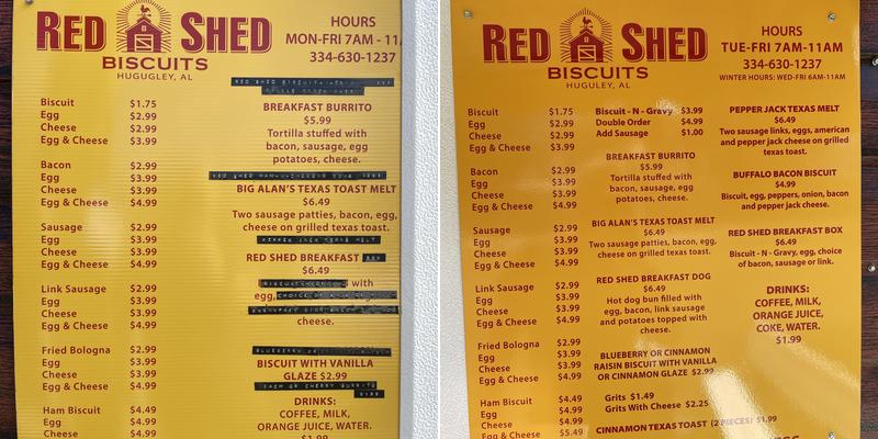 Red Shed Biscuits Menu