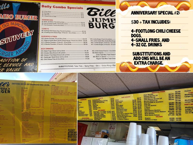 Bill’s Jumbo Burger Plainview, Texas Menu