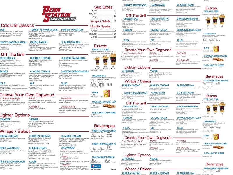Penn Station East Coast Subs Menu