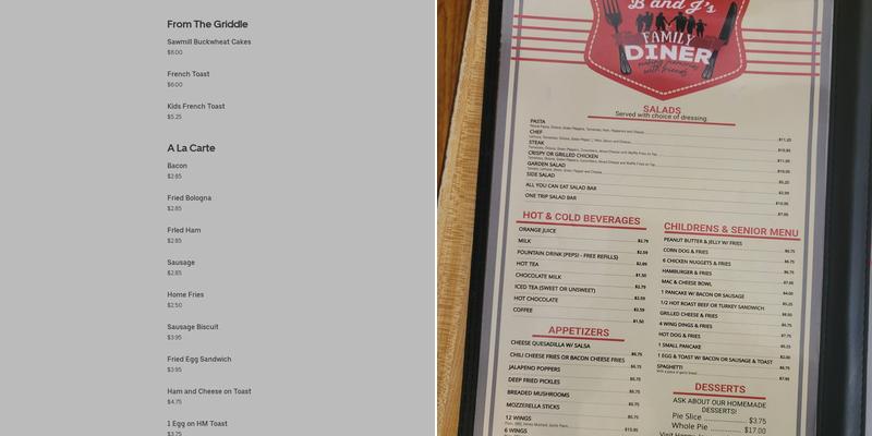 B & J's Family Diner Menu