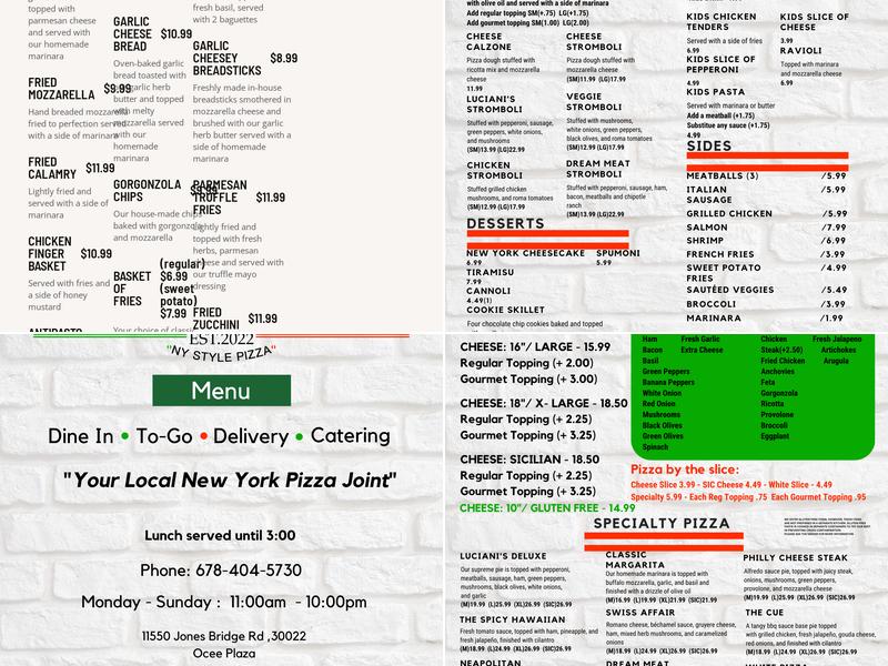 Luciani's Pizza Menu