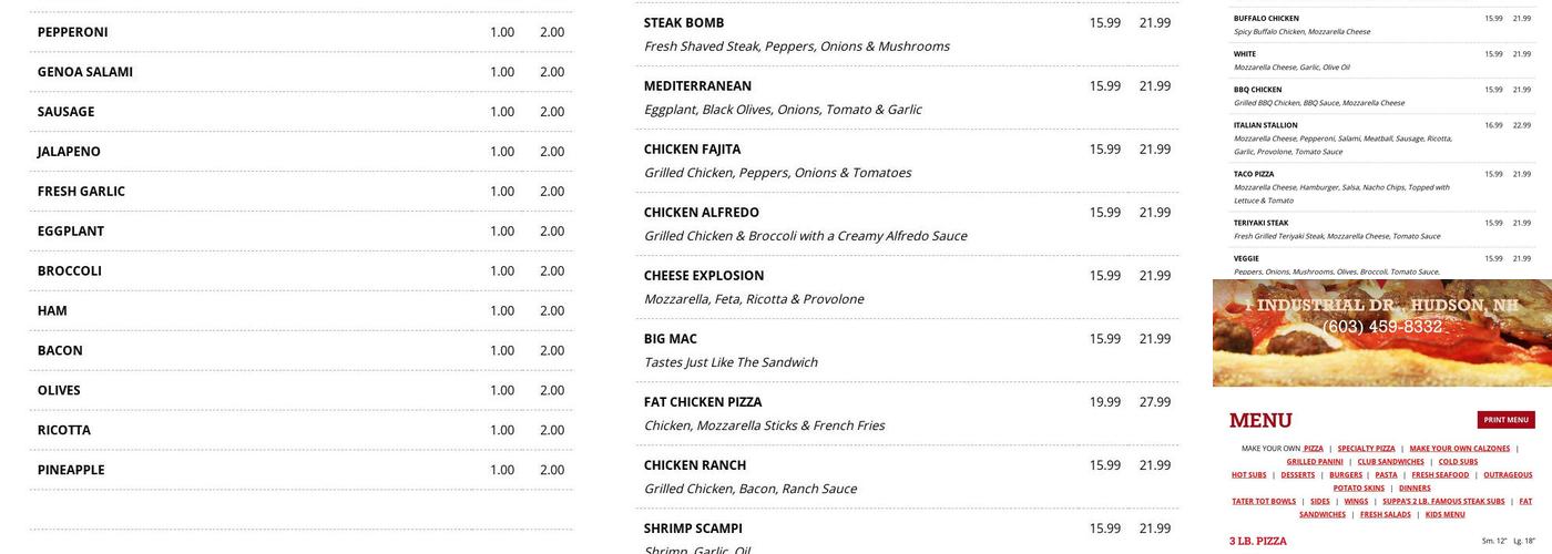 Suppa's Pizza Hudson Menu