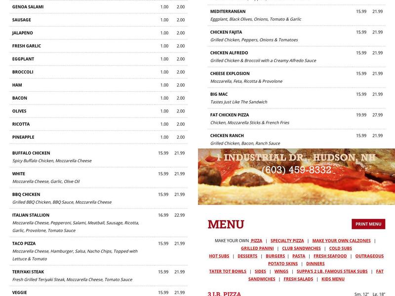 Suppa's Pizza Hudson Menu