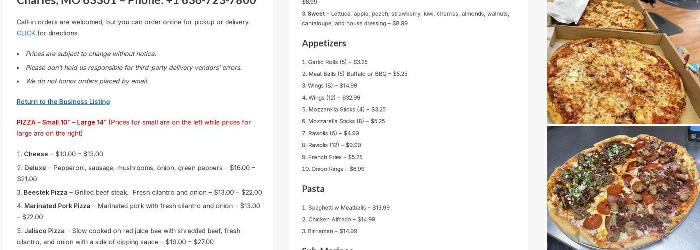 Jalisco pizza Menu
