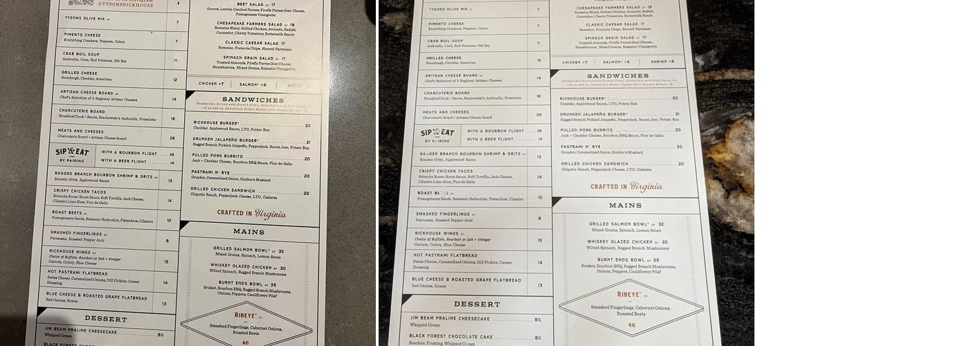 Tysons Rickhouse Menu