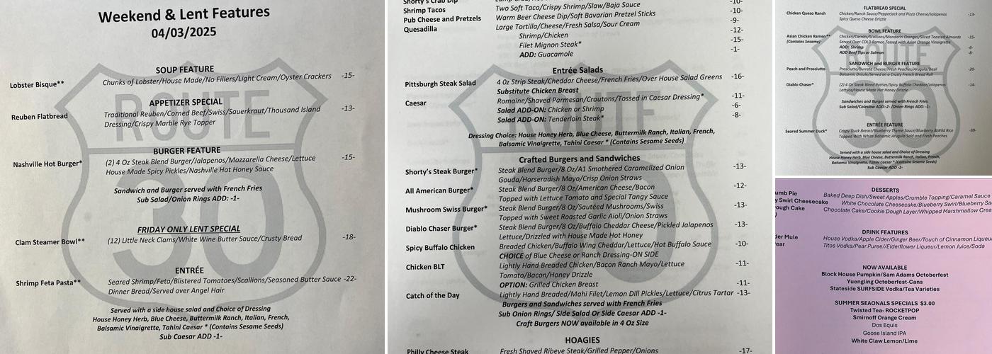 Shortys Restaurant and Bar Menu