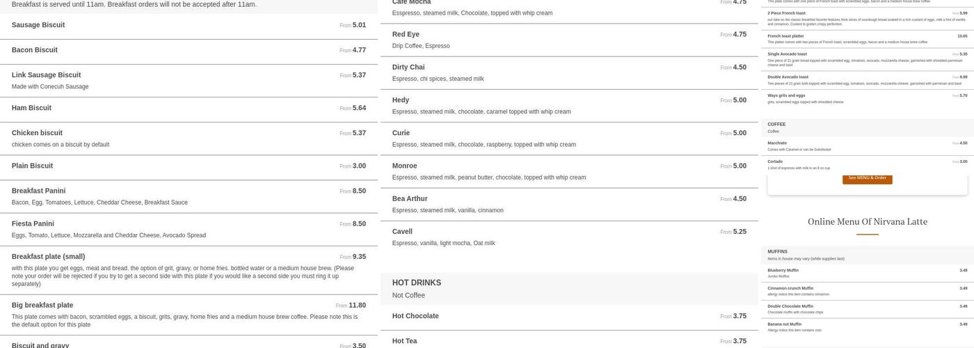 Nirvana Latte Menu