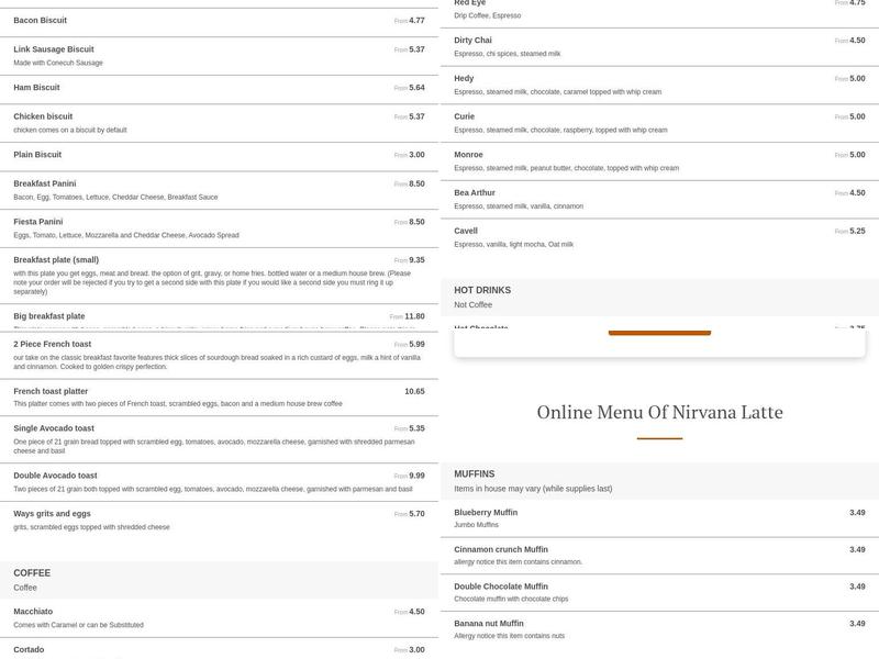 Nirvana Latte Menu