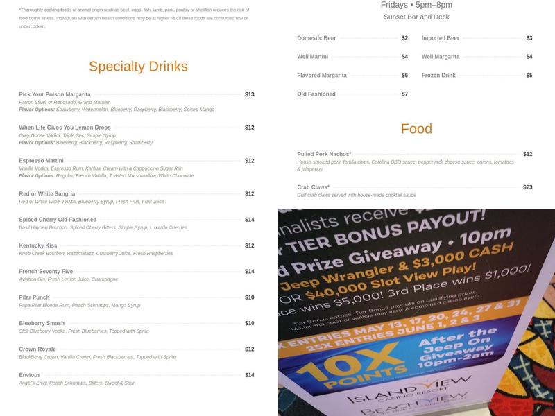 Sunset Bar Menu