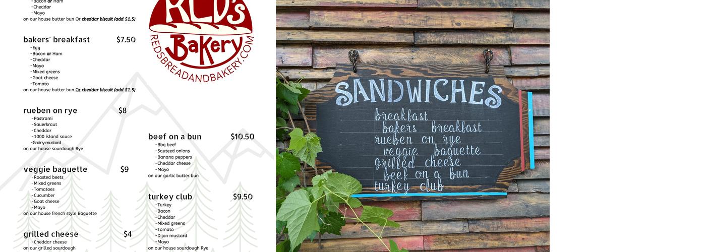 Reds Bakery Menu