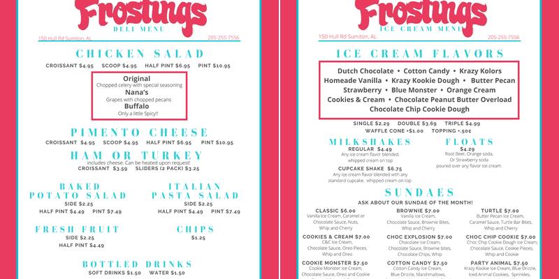 Frostings Bakery Menu