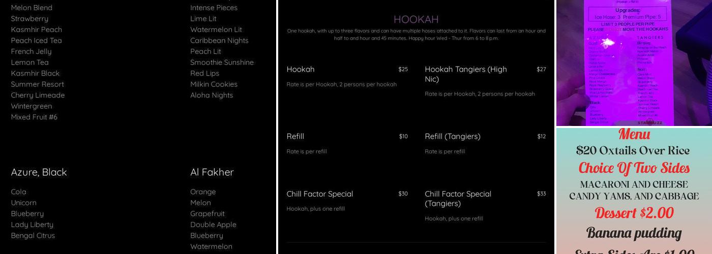Chill Factor Hookah and Cigar Lounge Menu