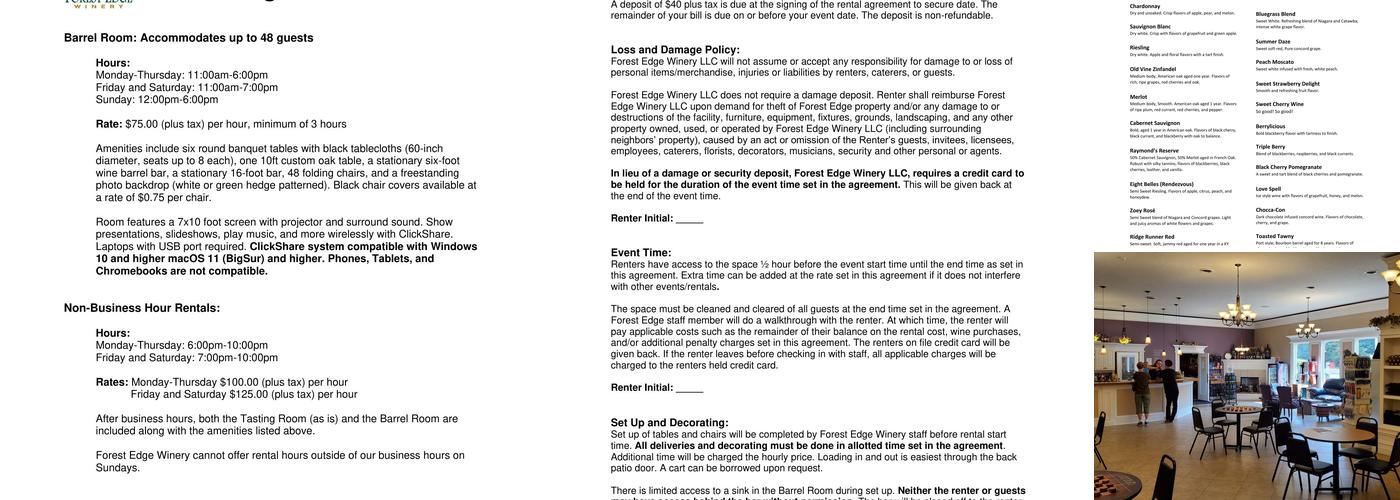 Forest Edge Winery Menu