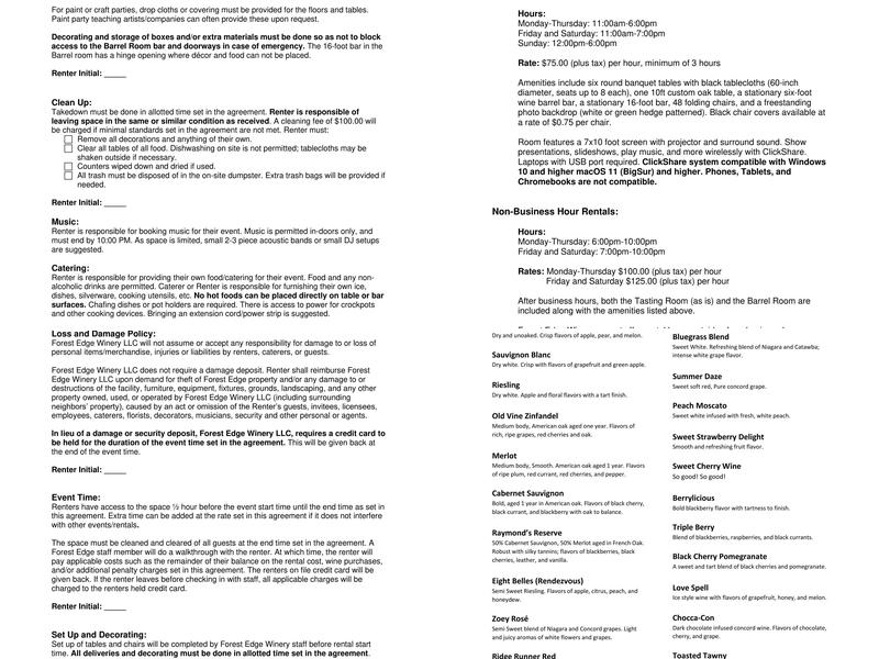 Forest Edge Winery Menu