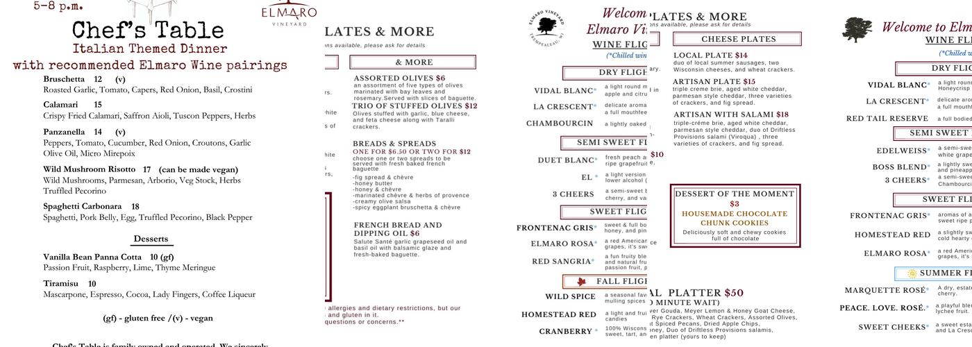 Elmaro Vineyard Menu