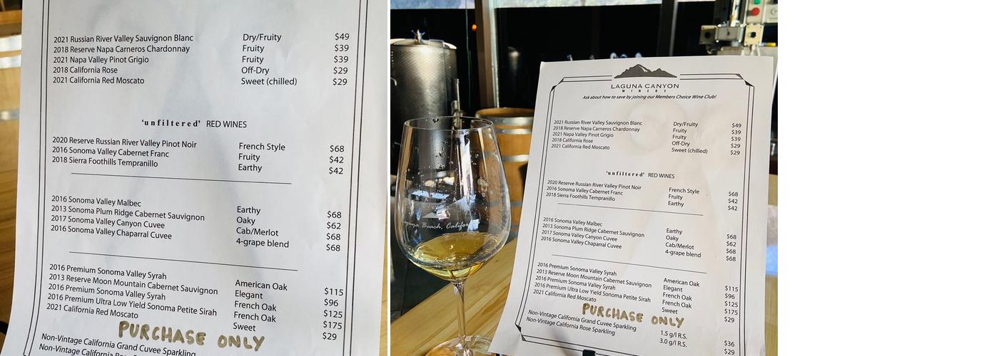Laguna Canyon Winery Menu