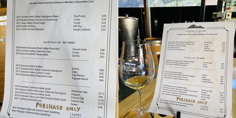 Laguna Canyon Winery Menu