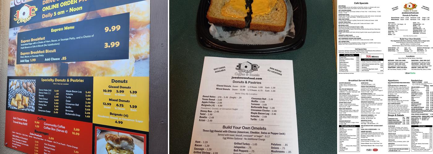 Joe's Cafe & Donuts & King Cakes Menu