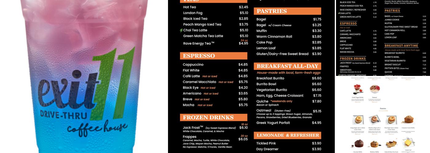 Exit 11 Coffee Drive-Thru Menu