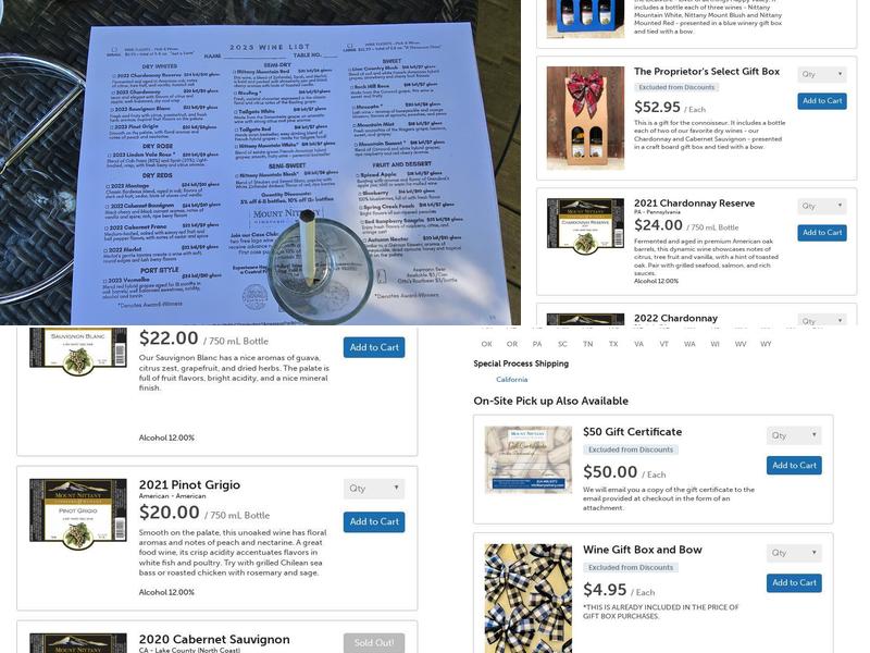 Mount Nittany Vineyard and Winery Menu