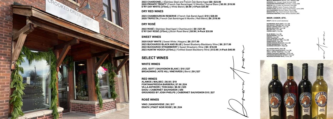 Crooked Creek Winery DOWNTOWN Menu